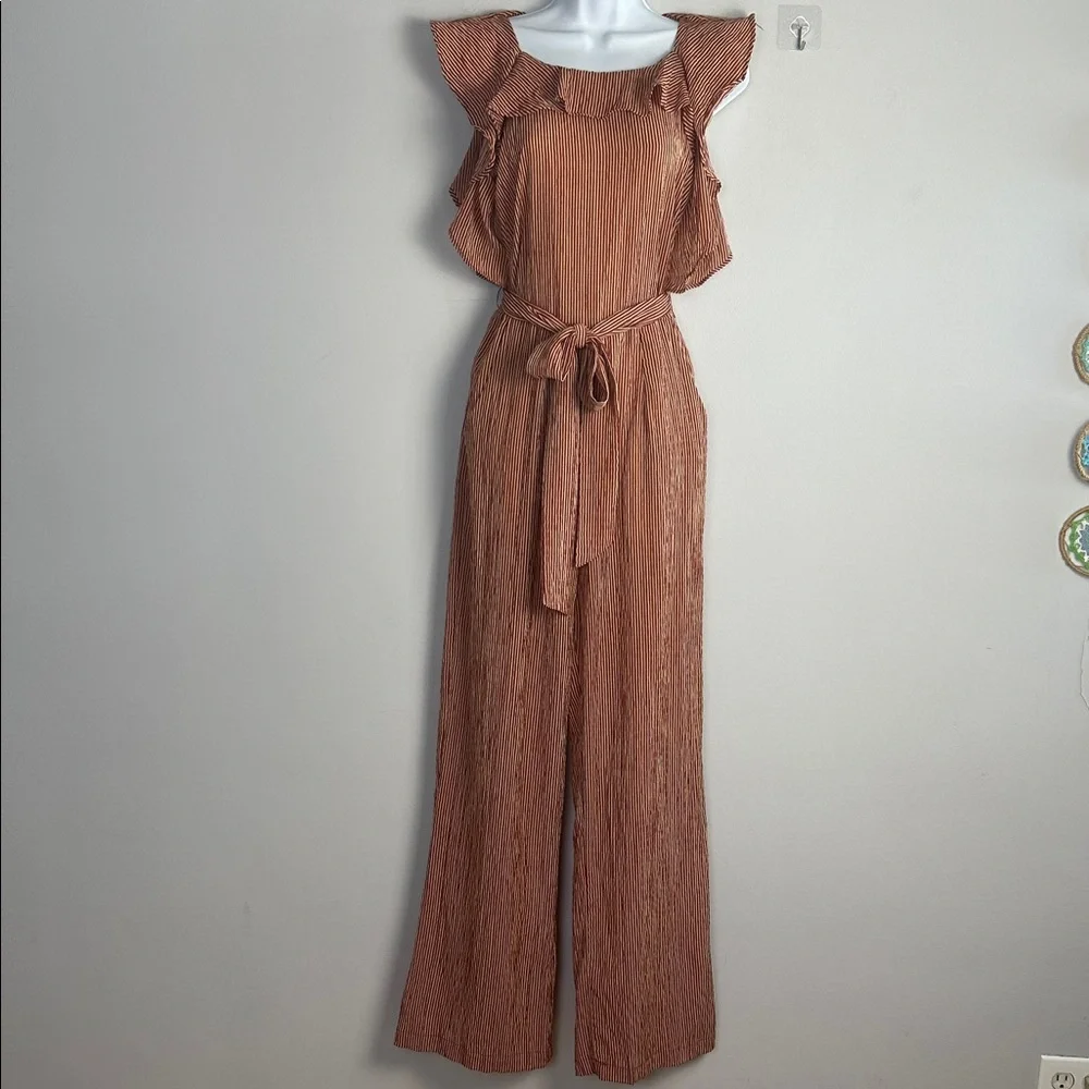 Anthropologie Eva Franco Ruffle Striped Jumpsuit in Terracotta Small Pockets - Picture 2 of 16